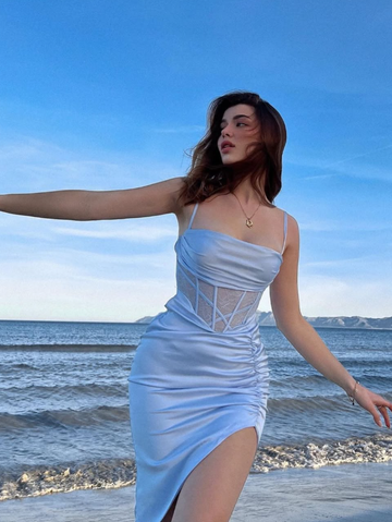 Baby Blue Sheath Spaghetti Strap Lace Satin Homecoming Dress Birthday Dress HZ1023